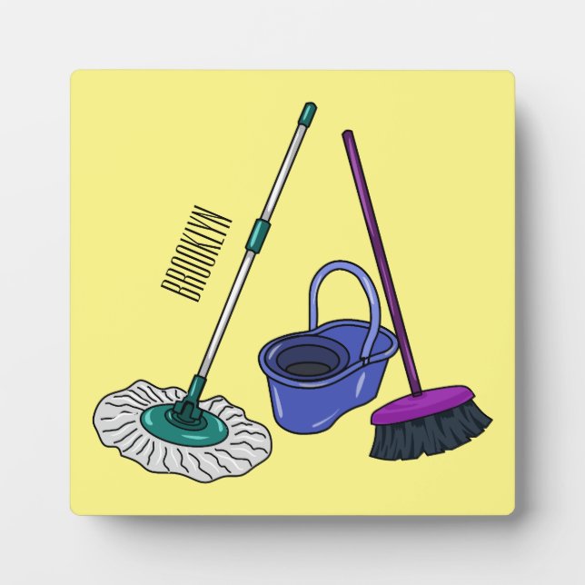 Broom & mop cartoon illustration plaque (Front)