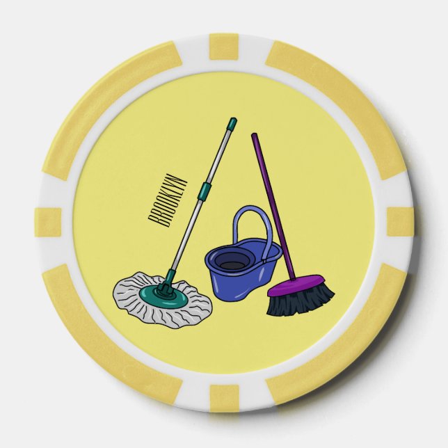 Broom & mop cartoon illustration poker chips (Front)