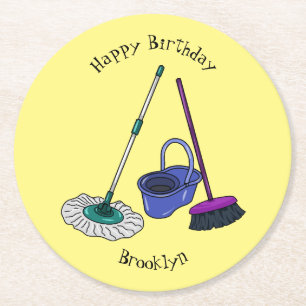 Broom & mop cartoon illustration round paper coaster