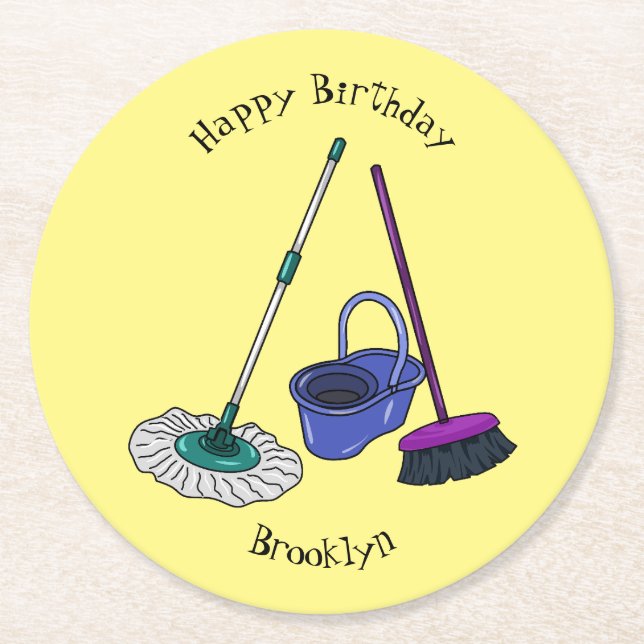 Broom & mop cartoon illustration round paper coaster (Front)
