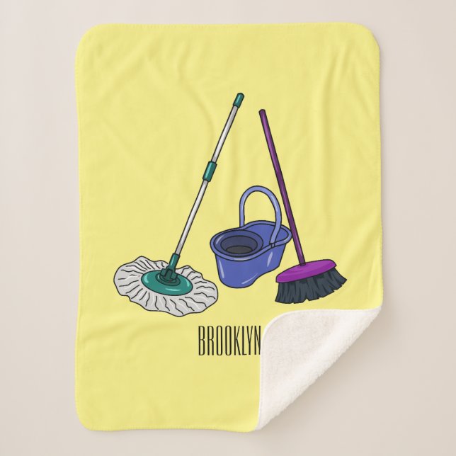 Broom & mop cartoon illustration sherpa blanket (Front)
