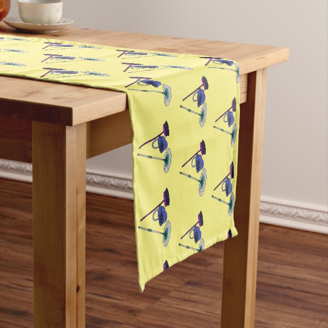 Broom & mop cartoon illustration short table runner (In Situ)