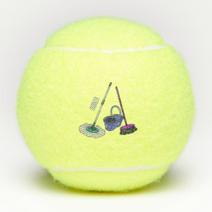 Broom & mop cartoon illustration tennis balls