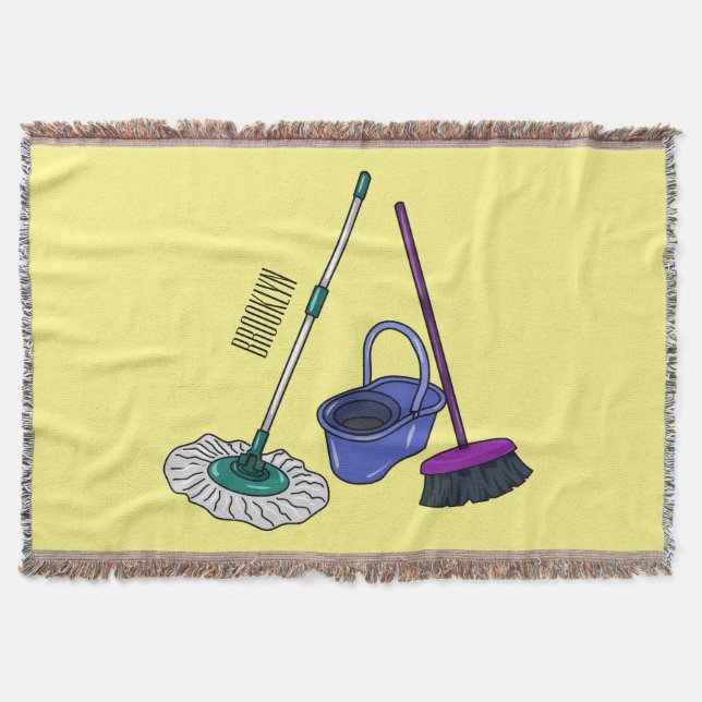 Broom & mop cartoon illustration throw blanket (Front)