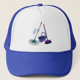 Broom & mop cartoon illustration trucker hat