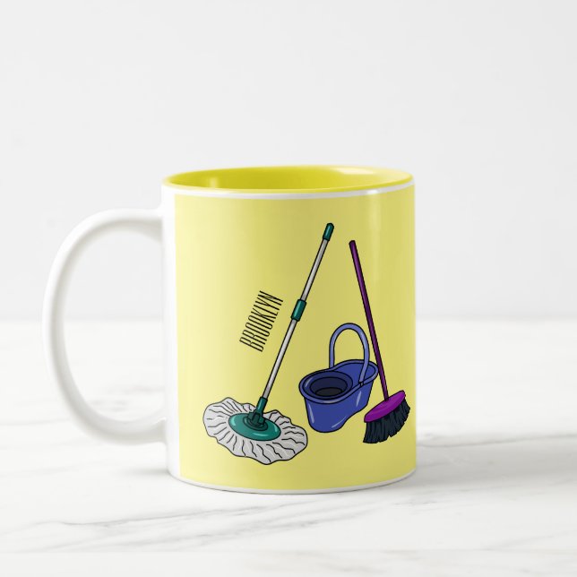 Broom & mop cartoon illustration Two-Tone coffee mug (Left)