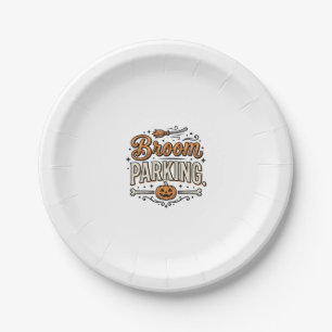 Broom Parking Halloween Vintage Witch Vector Desig Paper Plate