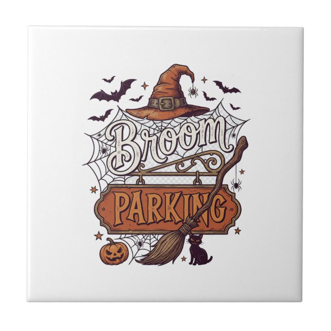 Broom Parking Halloween Witch Hat Broomstick Black Ceramic Tile (Front)