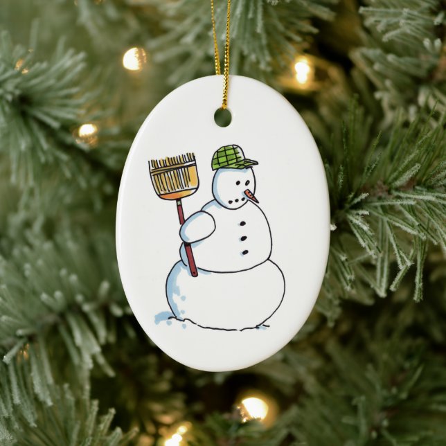 Broom Snowman oval ceramic ornament (Tree)