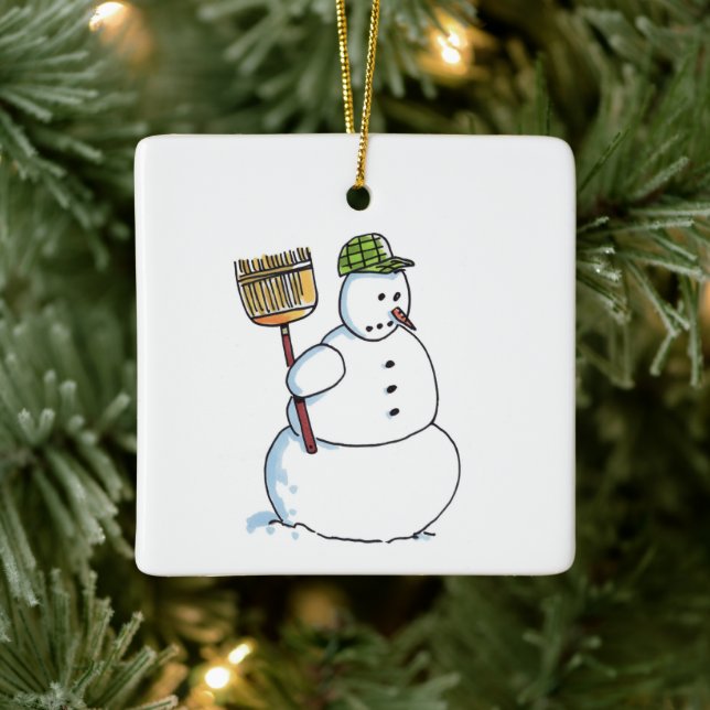 Broom Snowman square ceramic ornament (Tree)