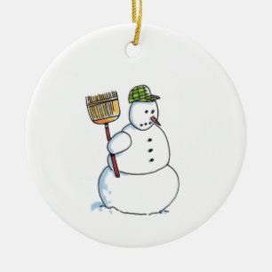 Broom Snowman white ceramic Christmas ornament