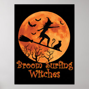 Broom Surfing Witches - Funny Halloween Poster