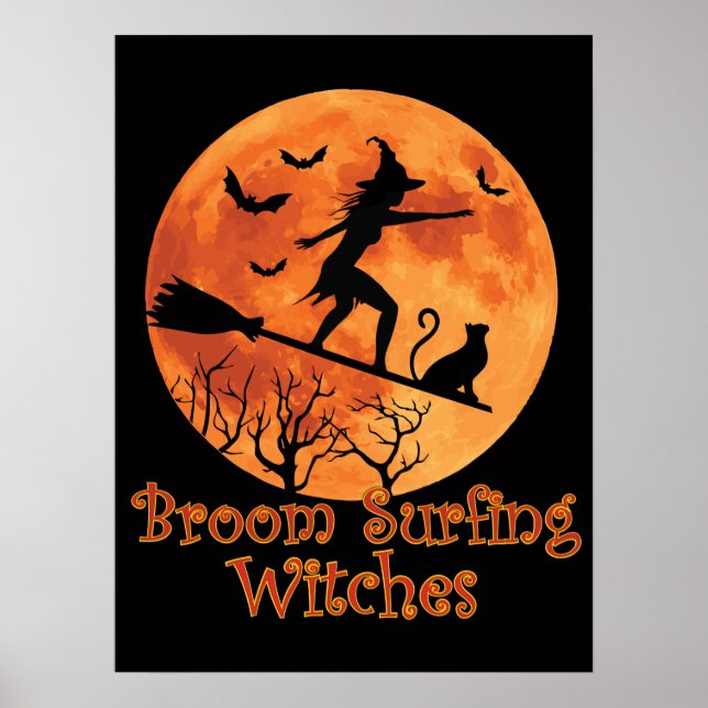 Broom Surfing Witches - Funny Halloween Poster (Front)