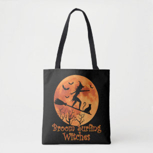 Broom Surfing Witches - Funny Halloween Tote Bag