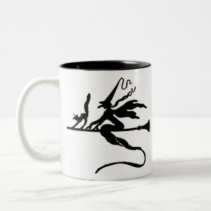 Broom Witch Flying Cat Halloween Silhouette Two-Tone Coffee Mug