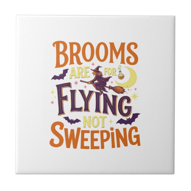 Brooms Flying Sweeping Halloween Witch Moon Bats Ceramic Tile (Front)
