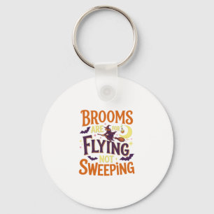 Brooms Flying Sweeping Halloween Witch Moon Bats Key Ring