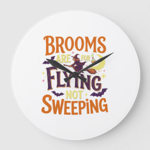 Brooms Flying Sweeping Halloween Witch Moon Bats Large Clock