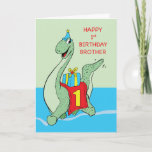 Brother, 1st Birthday Dinosaur Card<br><div class="desc">Greet your baby brother a happy 1st birthday with this cute dinosaur covered card. He will surely love the idea of a prehistoric animal delivering his gift for him. Get him a copy of this gigantic card now!</div>