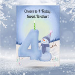 Brother 4th Birthday Snowman with Snowy Four Card<br><div class="desc">Celebrate your brother's fourth birthday with this sweet winter illustration featuring a cheerful snowman carefully shaping a big snowy “4.” The soft seasonal palette,  playful snow textures,  and whimsical details create a charming scene perfect for little ones who love winter magic.</div>