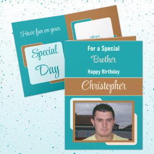 Brother add name photo turquoise brown birthday card