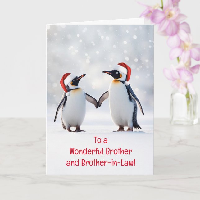 Brother and Husband Happy Holidays cute Penguins Card (Orchid)