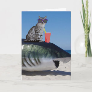 BROTHER  BIRTHDAY CAT ON BEACH SHARK CARD