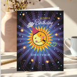 Brother Celestial Sun  Happy Birthday Thank You Card<br><div class="desc">A smiling yellow and red sun with a party hat and blower radiates happiness out to all the celestial and shooting stars. Sentiment is: "Today is your day to be the centre of the Universe." A fun birthday card for your brother.</div>