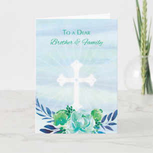 Brother & Family Teal Blue Flowers w/ Cross Easter Holiday Card