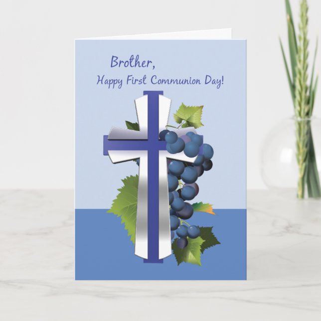 Brother First Holy Communion, Blue and Silver Cros Card (Front)