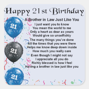 Brother in Law Poem 21st Birthday Square Sticker
