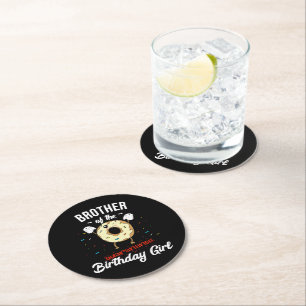 Brother Of Quarantined Birthday Girl Funny Doughnu Round Paper Coaster