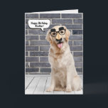 Brother's Birthday Golden Retriever with Mask Card<br><div class="desc">Golden retriever wearing a funny mustache mask on gray brick wall and wood floor with speech bubble for Brother's birthday.
Can be changed for anyone's birthday. Text is editable.</div>