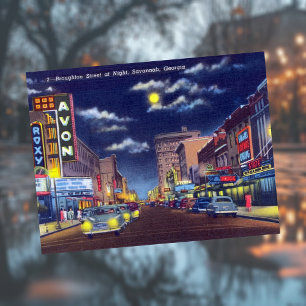 Broughton Street at Night Savannah GA Historic Postcard