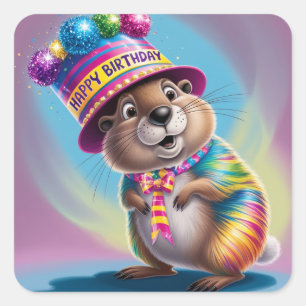 broundhog cartoon bright colours square sticker