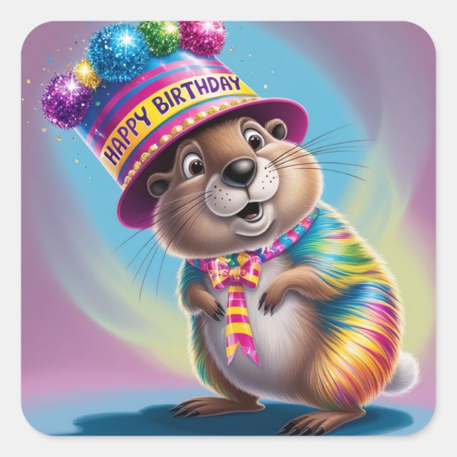 broundhog cartoon bright colours square sticker (Front)