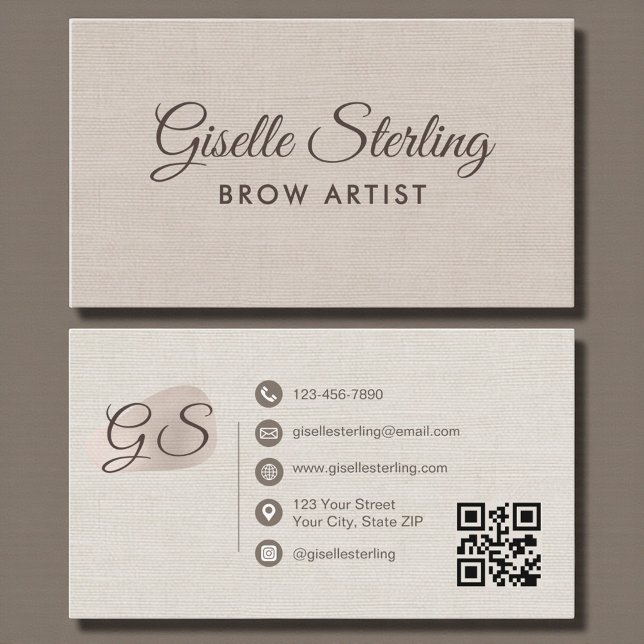 Brow Artist Blush Beige Linen Elegant QR Code Business Card (Creator Uploaded)