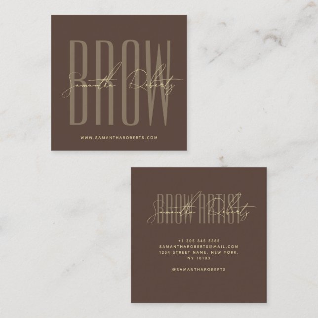 Brow artist modern typography script brown square business card (Front/Back)