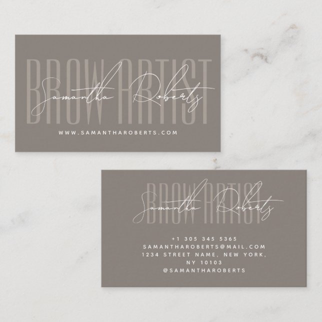 Brow artist modern typography script taupe business card (Front/Back)