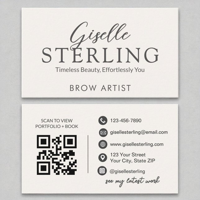 Brow Artist White Script Modern QR Code Business Card (Creator Uploaded)