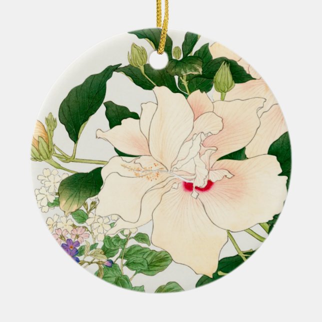 Browallia & Hibiscus Flowers -Japanese woodblock, Ceramic Ornament (Front)