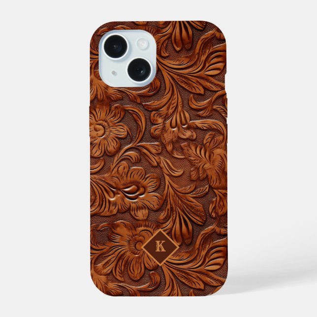 Brown 3-D tooled leather floral pattern 2 monogram iPhone 15 Case (Back)