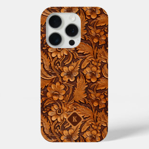Brown 3-D tooled leather floral pattern monogram iPhone 15 Pro Case