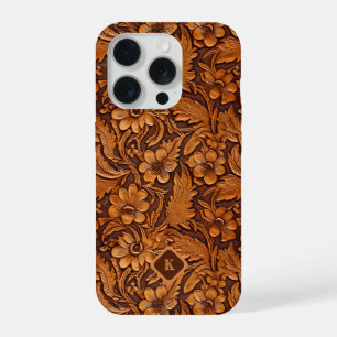 Brown 3-D tooled leather floral pattern monogram iPhone 15 Pro Case