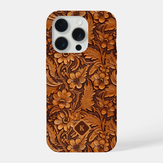 Brown 3-D tooled leather floral pattern monogram iPhone Case (Back)