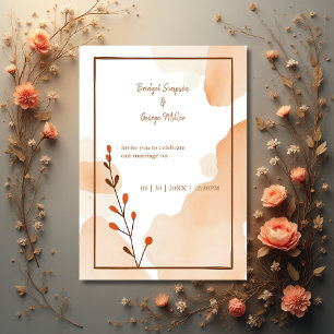 brown abstract boho minimal floral wedding invitation