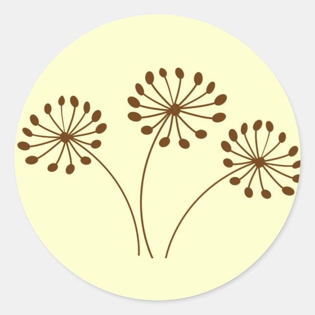 Brown Abstract Dandelion Floral Classic Round Sticker (Front)