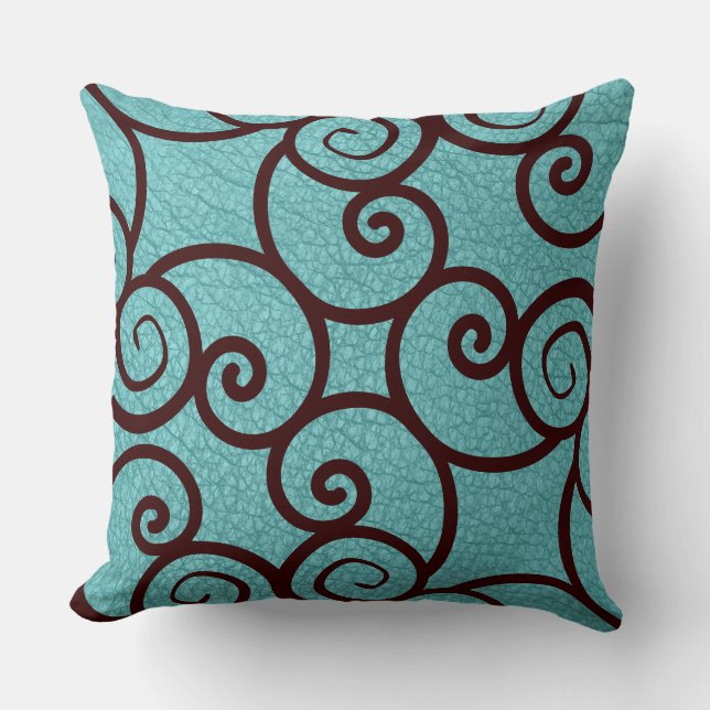 Brown Abstract Pattern on a Teal  on Teal Pattern Cushion (Front)
