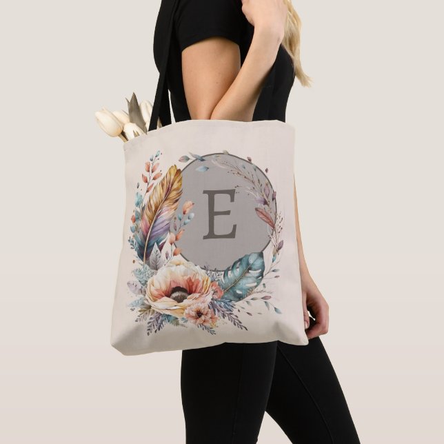 Brown add initial floral tote bag (Close Up)