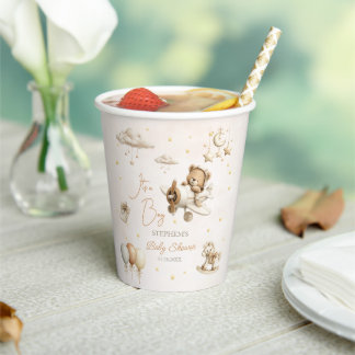 Brown Aeroplane Teddy Bear Boy Baby Shower Paper Cups